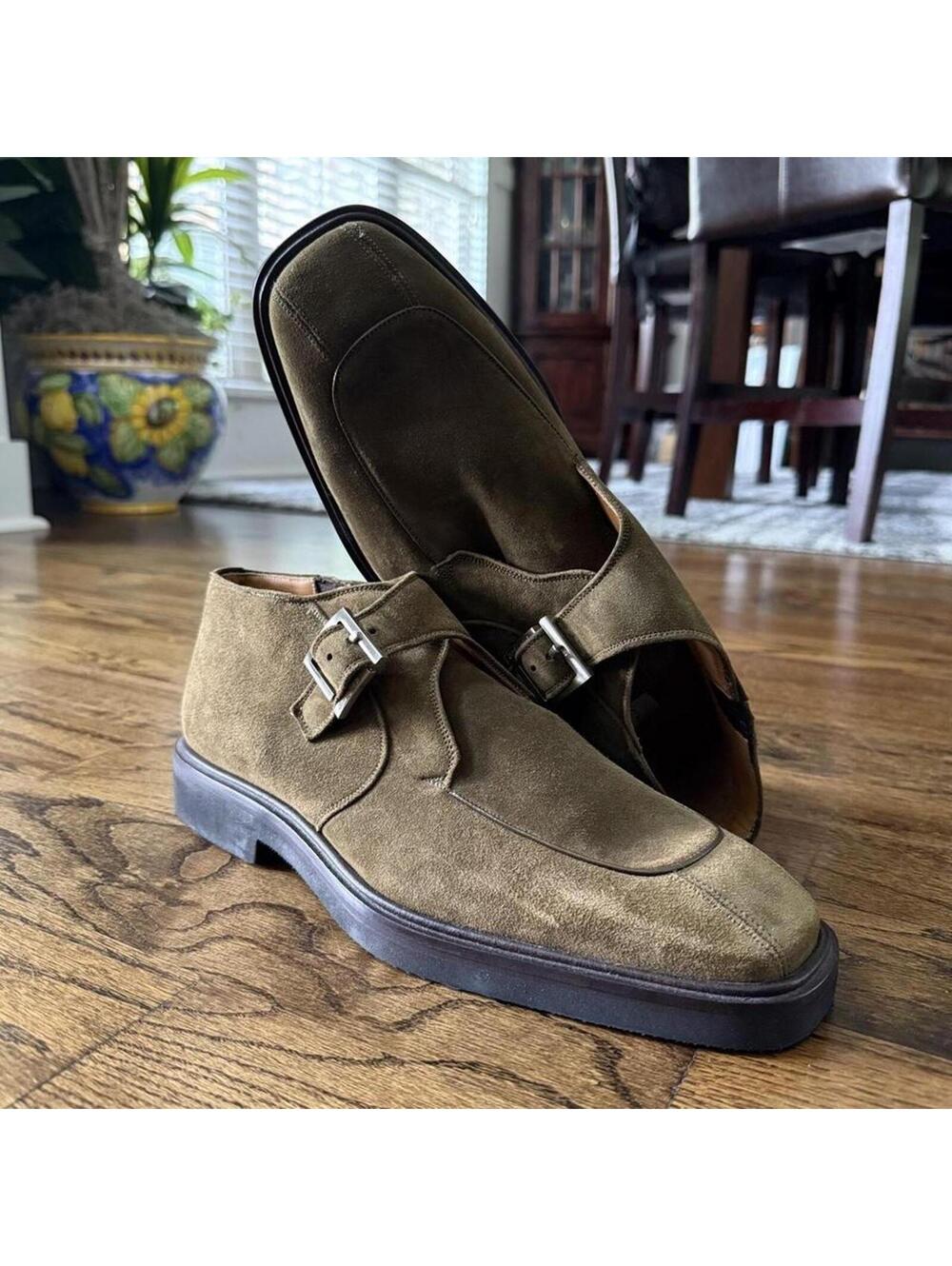 🟫 Mezlan Suede Monk Strap Shoes Size 10 Olive Vibram Sole Made Spain
